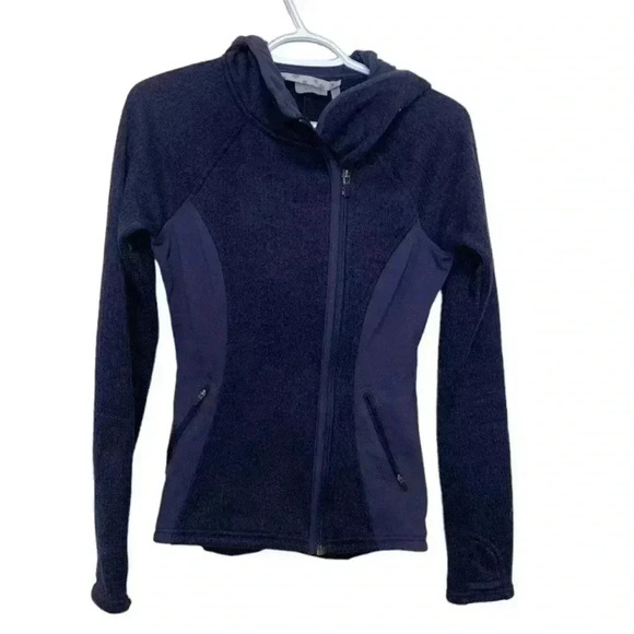 Athleta blue, zip  up, fitted, midweight jacket w holes for thumbs, pockets,hood - Picture 1 of 8